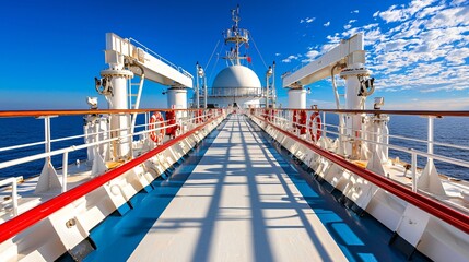 Naklejka premium Industrial marine tanker under full sun, polished dome structures dominating frame, whitewashed control towers and red safety piping, deck symmetry emphasized, ideal for maritime infrastructure