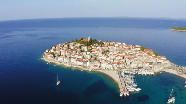 Drone flight over Primosten - beautiful city in Croatia