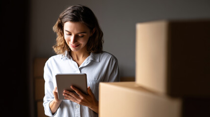 Young woman smiling while using tablet in room with cardboard boxes, showing small business or home office setting