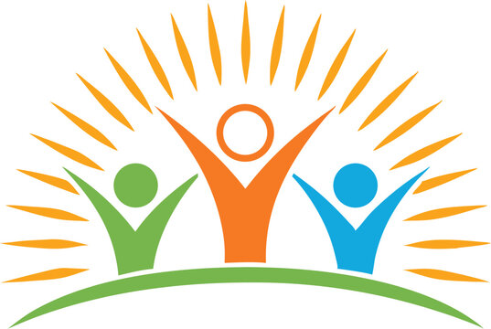 Vibrant logo design with stylized human figures, bright colors, sun rays, and abstract shapes for unity and teamwork in vector style