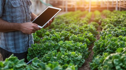 Entrepreneur digital tablet greenhouse Farmer using tablet in a greenhouse with lush greenery around.