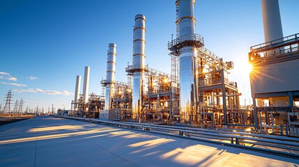 A brightly lit, realistic gas-fired power station situated in an open industrial landscape, showcasing heat recovery steam generator units, chrome exhaust towers, clean pipeline networks, and