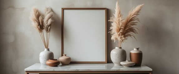 elegant home decor with three vases and picture frame on table