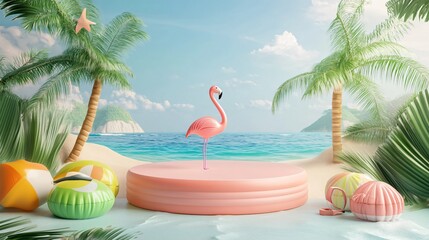 Obraz premium Empty Podium in Playful Beach Scene 3D Render