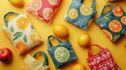 Colorful reusable shopping bags with fruit patterns