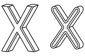 X Letter Shapes Black Outline 3D Isometric and Rounded Decorative X on White