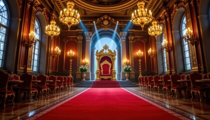 Fototapeta premium Majestic red carpet leading up to a king's grand throne inside a lavish palace, glowing under golden chandeliers