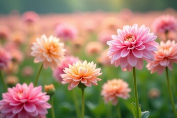 Fototapeta premium Soft focus dahlia field, pastel palette, repeating pattern, field, meadow
