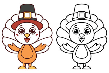 Thanksgiving Cartoon Turkey with Pilgrim Hat Outline, Color and Line Drawing