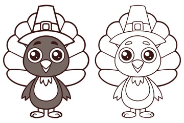 Thanksgiving Cartoon Turkey Pilgrim Clipart with Outlines and Flat Color Design