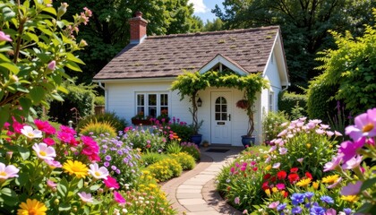 A bright, sunny cottage surrounded by oversized flowers and winding garden paths