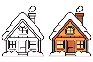 Winter Cottage with SnowCovered Roofs, Two Style Options, Smoke Chimney, Outlined