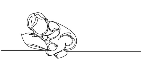 Continuous one single minimal line drawing baby, one continuous line drawing of a boy sleeping on a cloud, single line vector illustration.isolated white background, Newborn baby sleep, one art line.