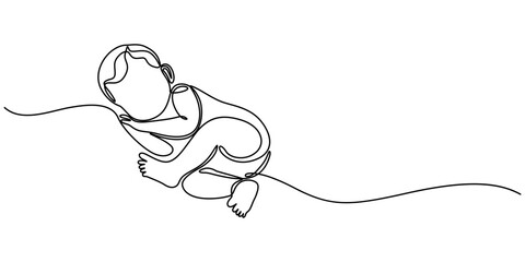 Continuous one single minimal line drawing baby, one continuous line drawing of a boy sleeping on a cloud, single line vector illustration.isolated white background, Newborn baby sleep, one art line. © line drawing