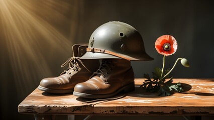 Vintage WWI Helmet, Boots, and Poppy on Rustic Wooden Table