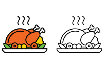 Roasted Turkey with Smoke on Plate, Outline and Colorful Drawing Set Icon