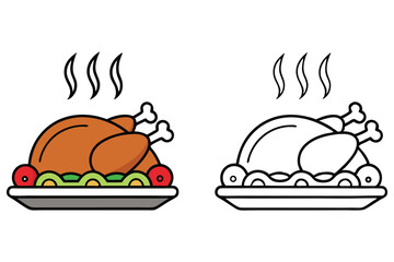 Roasted Turkey with vegetables on tray colored outline and black and white