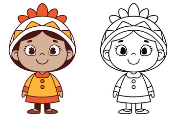 Smiling Cartoon Native American Girl Clipart, Outline Version,