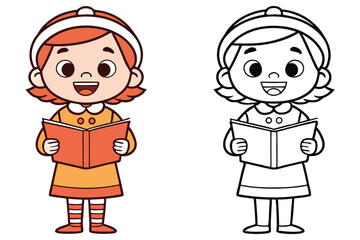 Cheerful Cartoon Girl Holding Book Illustration, Coloring Page Ready Design