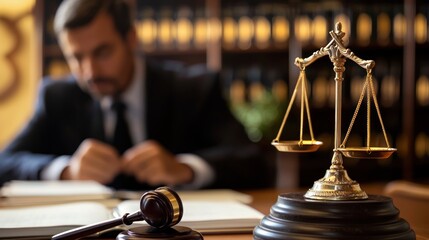 A lawyer looking at a case file with a big question mark in the background