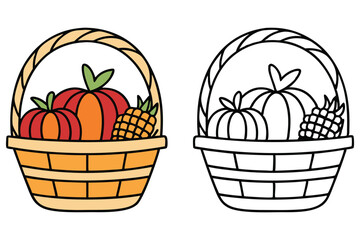 Color and Outline Basket with Pumpkins and Pineapple