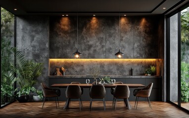 Contemporary dining room interior with dark, textured walls and warm lighting.