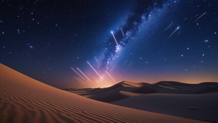 enchanting starry night sky with shooting stars over desert landscape