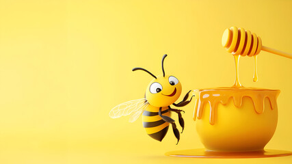 Cheerful cartoon bee enjoying honey dripping from a wooden dipper in a vibrant yellow background showcasing sweetness and nature's bounty concept