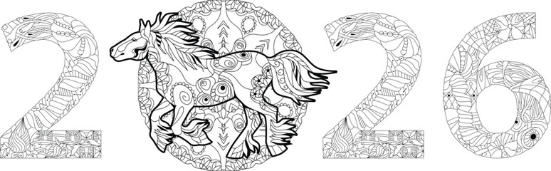 Zentangle stylized number 2026 with horse. Hand Drawn lace vector illustration for coloring