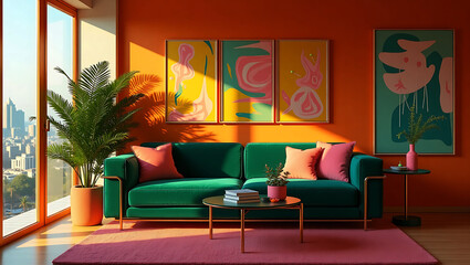 Fototapeta premium modern living room wall interior design and scandinavian home interior cozy sofa mid century furniture