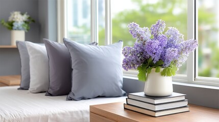 Naklejka premium Lilac Flowers on Books by Window in Bedroom