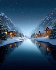 Fototapeta premium Snowy tiny village with cozy glowing windows background for winter scenes, charming snowy tiny village with cozy glowing windows for seasonal designs, magical snowy tiny village with cozy glowing