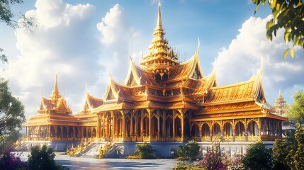 Fototapeta premium Classic pagoda with golden details and landscaped surroundings high resolution picture
