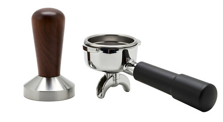 A still life of a tamper and a portafilter for making espresso on a plain white background surface on transparent background