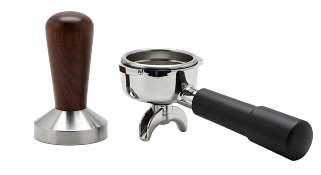 A still life of a tamper and a portafilter for making espresso on a plain white background surface on transparent background