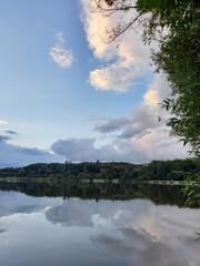 Scenic sunset over a calm river with golden clouds and peaceful reflections in water. Silhouettes of reeds and trees frame the horizon, creating a tranquil summer evening atmosphere