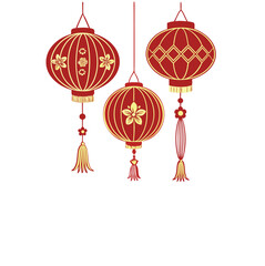 Three Decorative Chinese Lanterns in Red and Gold