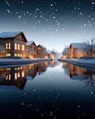 Fototapeta premium Snowy tiny village with cozy glowing windows background for winter scenes, charming snowy tiny village with cozy glowing windows for seasonal designs, magical snowy tiny village with cozy glowing