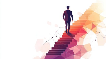 Businessman climbing stairs towards goal, business progress, abstract modern illustration, isolated on white background. 