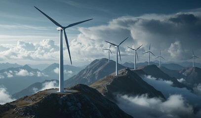 Wind turbines standing tall on mountain ridges at sunset under dramatic cloudy skies.