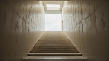 Fototapeta premium mental health awareness depression advocacy. A staircase leads to a bright, illuminated exit, with walls reflecting subtle textures and light, creating a serene atmosphere.