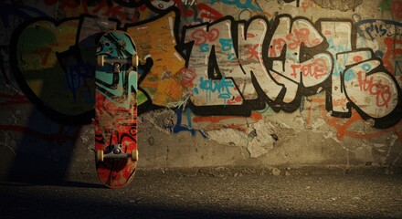 Graffiti-Covered Wall with a Skateboard Leaning Against It