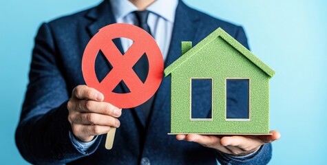 Businessman holding a no sign and a house model