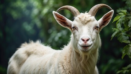 Fototapeta premium Close-Up Portrait of White Goat at Sunset in Pasture