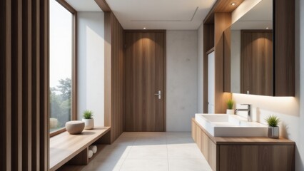 Fototapeta premium Modern Bathroom Interior with Wood Accents, White Sink, and Large Window, Minimalist Design