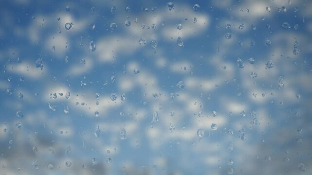 Time lapse raindrops flow down the glass. Foggy window. Steam and drops. Globular masses or rolls in layers or patches. Cumuliform stratocumuliform clouds, altocumulus signifies convection. Blue sky