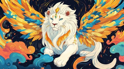 Majestic winged lion, cosmic background, fantasy art, game asset