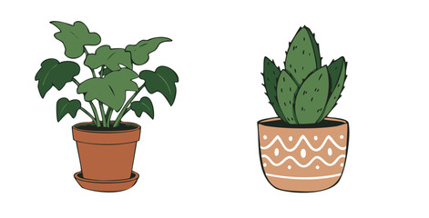 Vector illustration of two potted plants. One pot with ivy plant and another with a cactus in a decorative terracotta pot. Simple, hand-drawn style, perfect for botanical and home decor designs