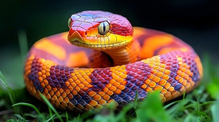 Obraz premium A striking view of a vibrantly colored snake coiled in the grass, showing intense detail.