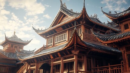 Fototapeta premium Elegant Chinese building with ornate wooden roof structure high resolution picture